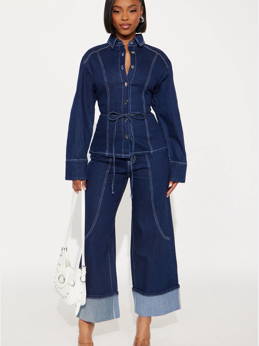 Fashion Nova Dark Blue Denim Jeans Set with Contrast Stitching